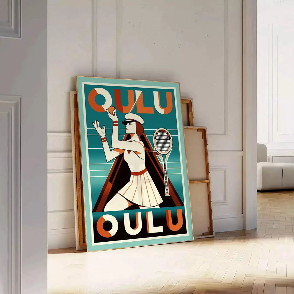 charm Oulu Finland stunning Art Déco vintage poster vibrant red orange hues eye piece space dimensions Buy decor unframed options