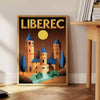 Poster vintage Art Déco Liberec con veduta urbana stilizzata giallo e verde