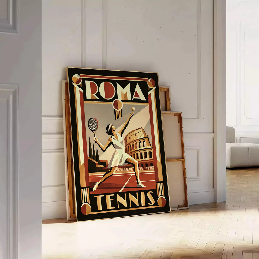 Roma Tennis Poster in lebendigen Rot- und Grüntönen, ideal für Sportliebhaber. Erhältlich in 50x70 oder 30x40, gerahmt oder u