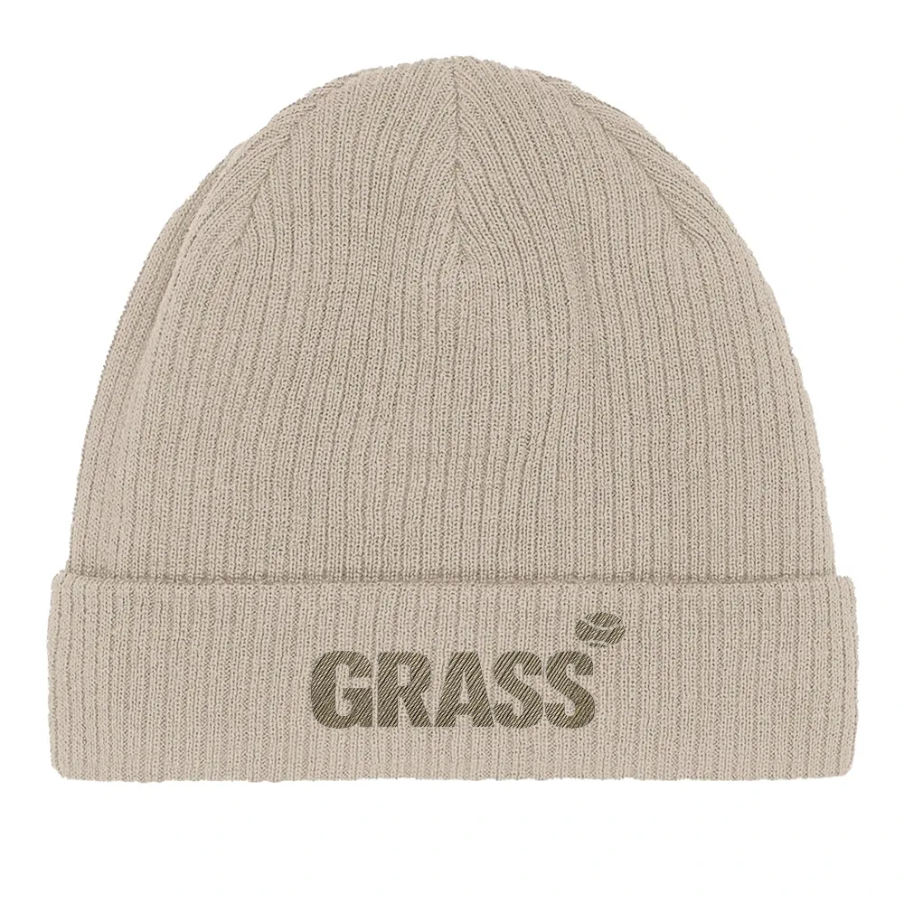 Beanie Grass Tennis in cotone biologico con design ricamato, perfetto per uno stile eco-friendly e confortevole