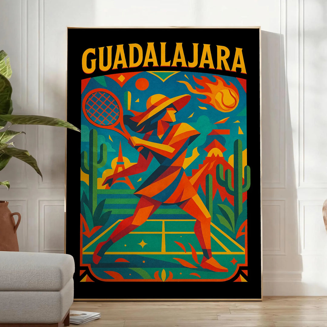 Plakat w stylu vintage przedstawiający tenis w Guadalajarze, w żywych niebieskich i czarnych kolorach, idealny dla miłośników
