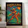 Plakat w stylu vintage przedstawiający tenis w Guadalajarze, w żywych niebieskich i czarnych kolorach, idealny dla miłośników