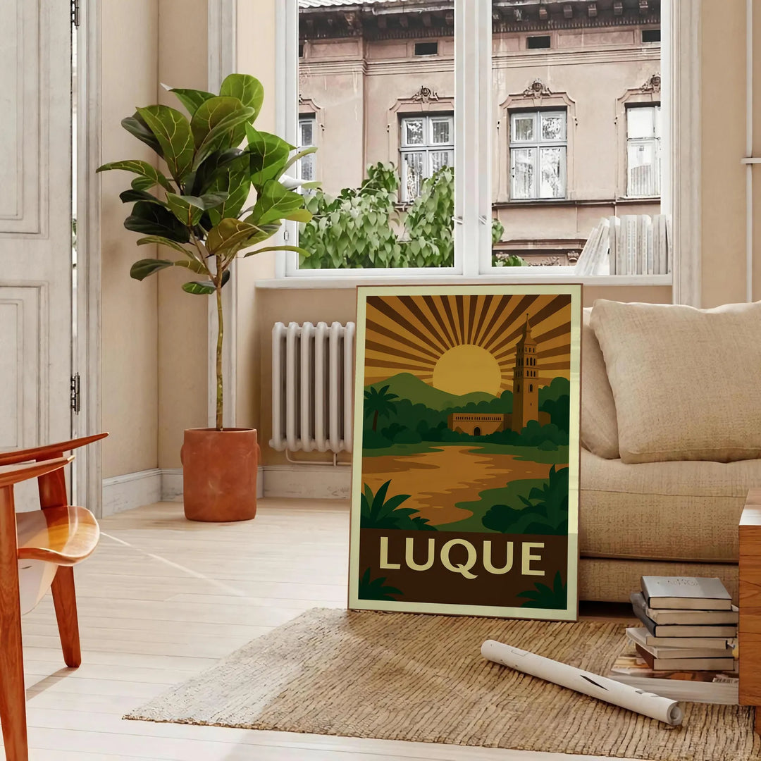 space stunning vintage Art Déco poster Luque Paraguay earthy tones brown green captivating piece cm unique artwork today decor A4 A0