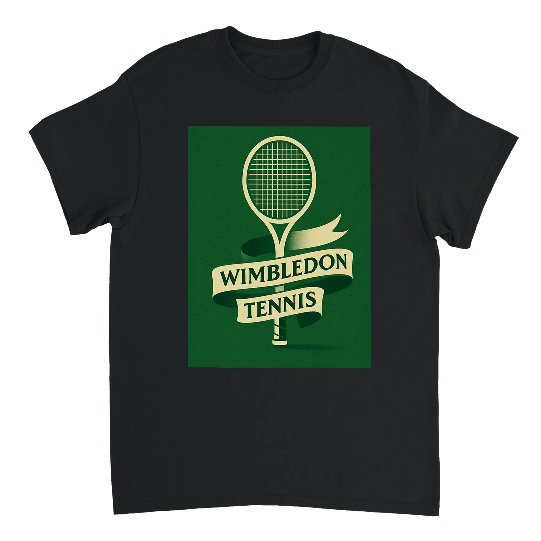 ウィンブルドンを祝うテニステーマのTシャツ。快適で耐久性に優れたデザインで、スポーツ愛好者必見のアイテム。サイズ展開: S, M, L, XL, XXL。