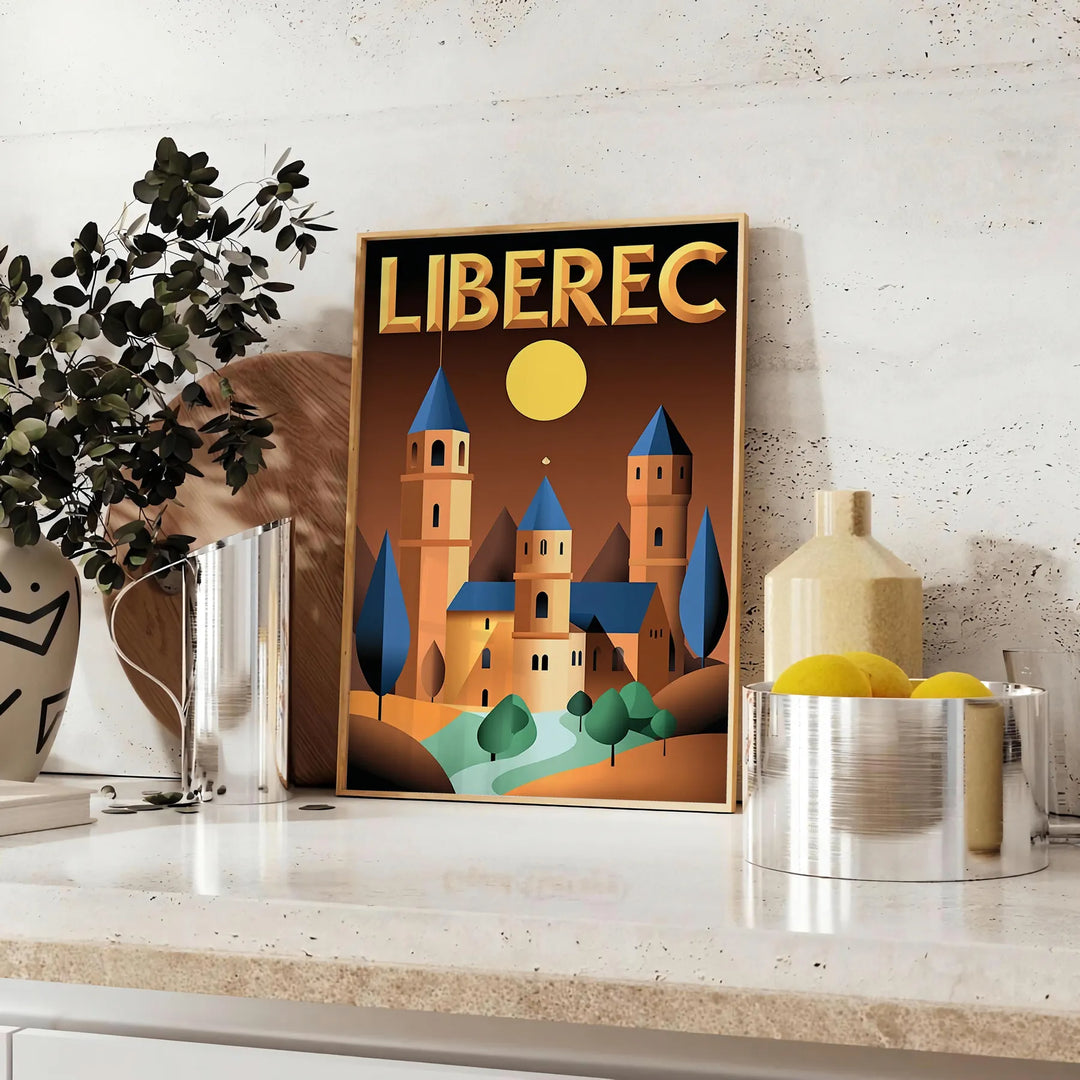 Poster vintage Art Déco Liberec con veduta urbana stilizzata giallo e verde