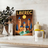 Poster vintage Art Déco Liberec con veduta urbana stilizzata giallo e verde