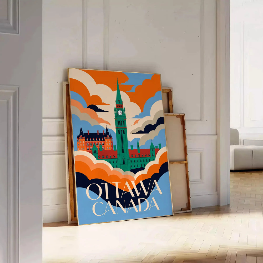 Ottawa Art Déco poster with stylized cityscape in green and red
