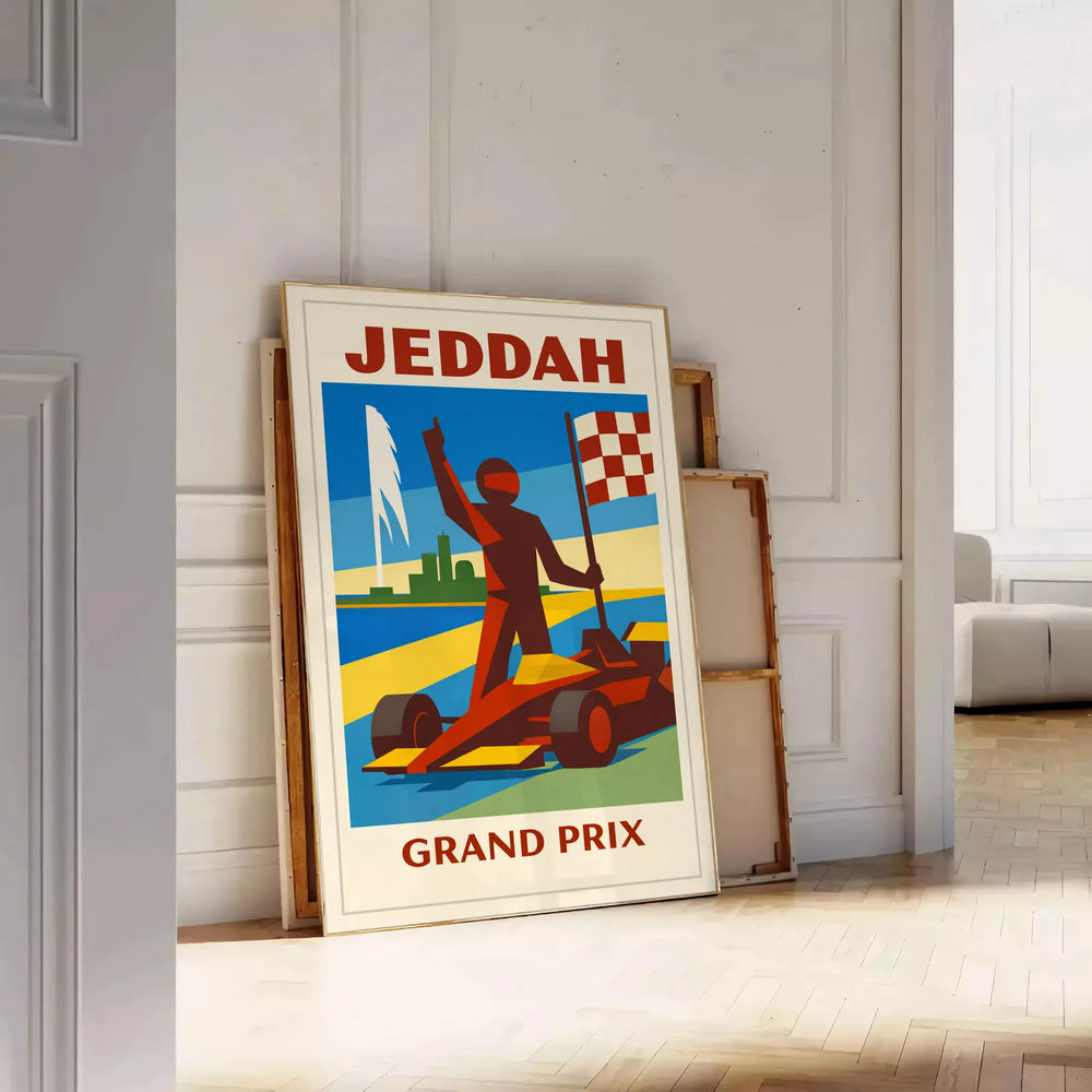 A dynamic illustration of a Formula 1 race in Jeddah, Saudi Arabia, featuring green and gray tones.