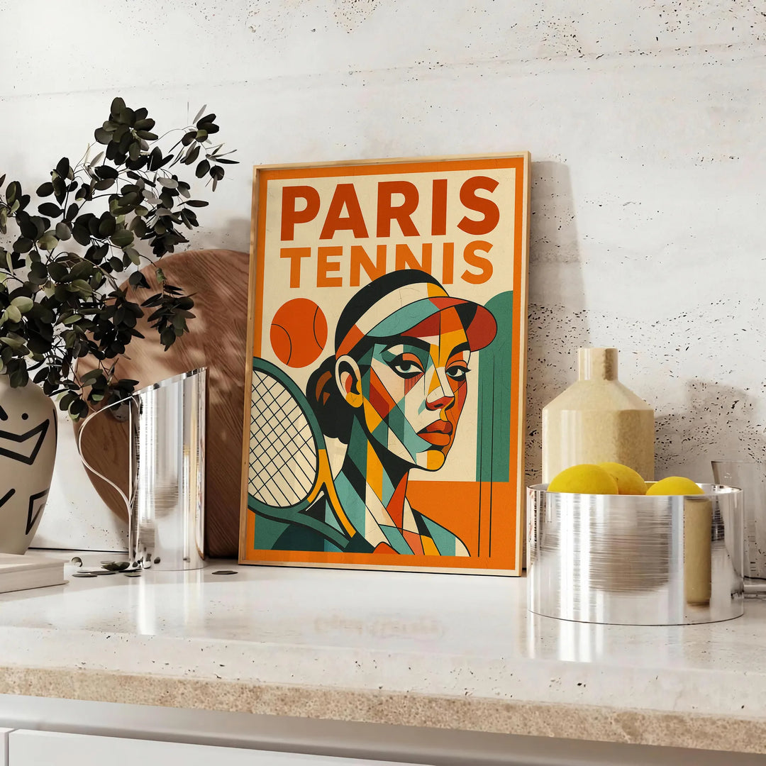 パリのキュビズムテニスポスター。鮮やかな赤と緑の色合いが特徴で、アート愛好者やテニスファンに最適。サイズは50x70 cmまたは30x40 cmから選べます。