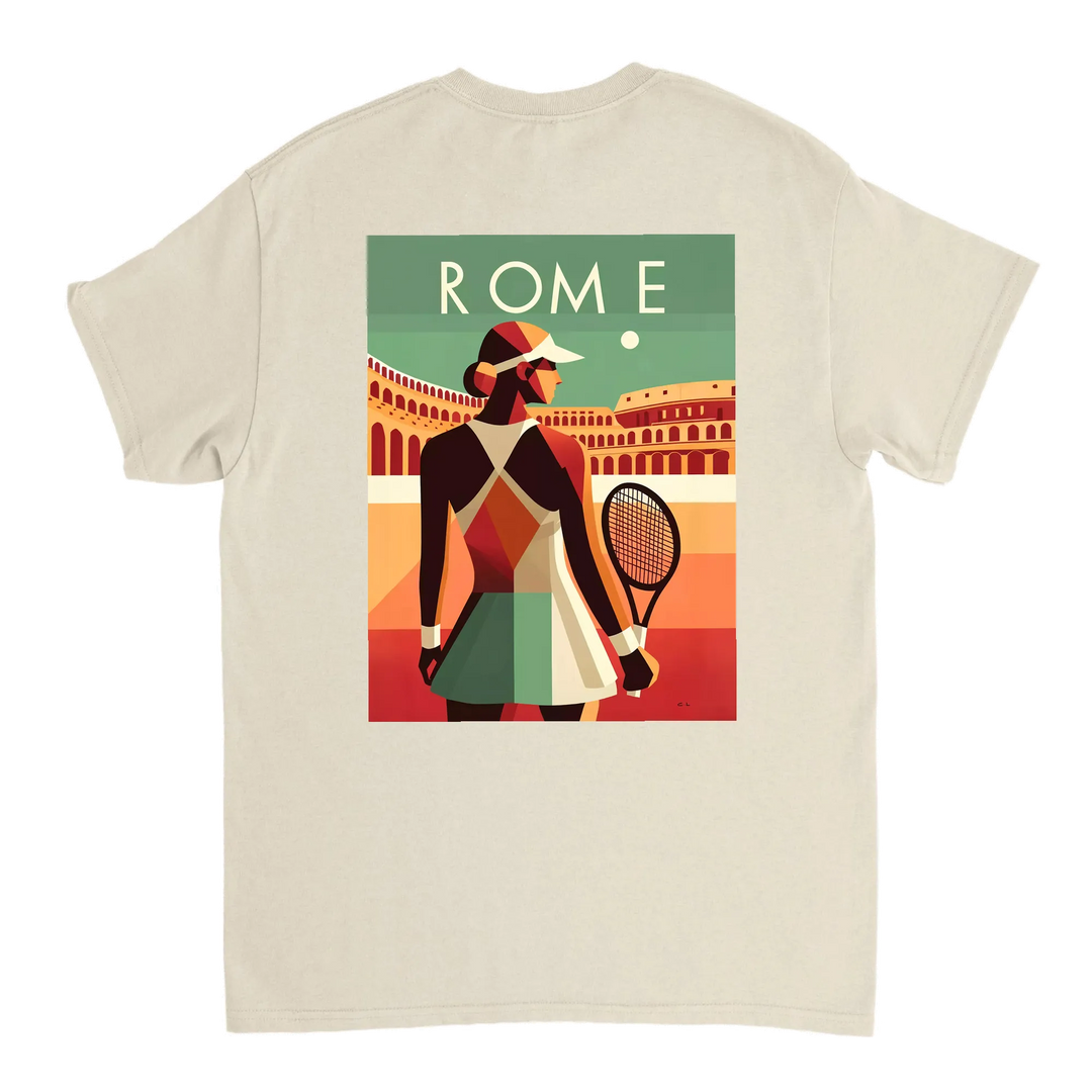 情熱的なファンとスタイリッシュなアスリートのためにデザインされたローマテニスTシャツ。コート内外での着用に最適な鮮やかなテニスグラフィックが特徴。柔らかく通気性のあるコットン素材で快適さを提供します。