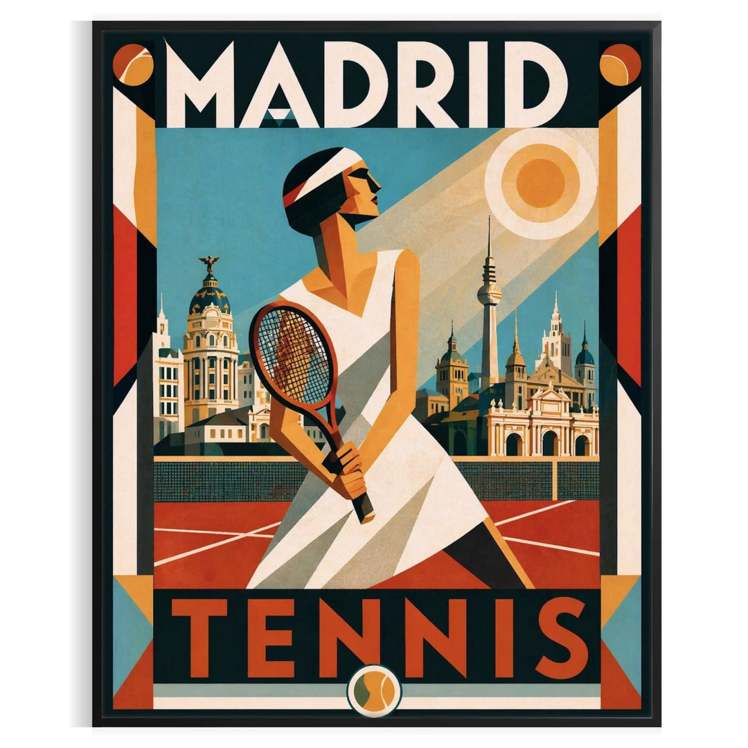 Stylized illustration of tennis players in Madrid, featuring black and green colors