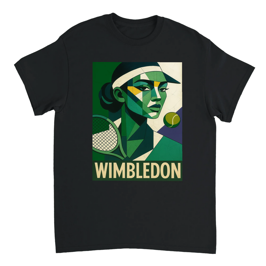 ウィンブルドン・キュビスト・テニスTシャツ。ユニークなキュビズムデザインが特徴で、テニス愛好者にもファッション好きにも最適なアイテム。サイズはS、M、L、XL、XXLがあります。