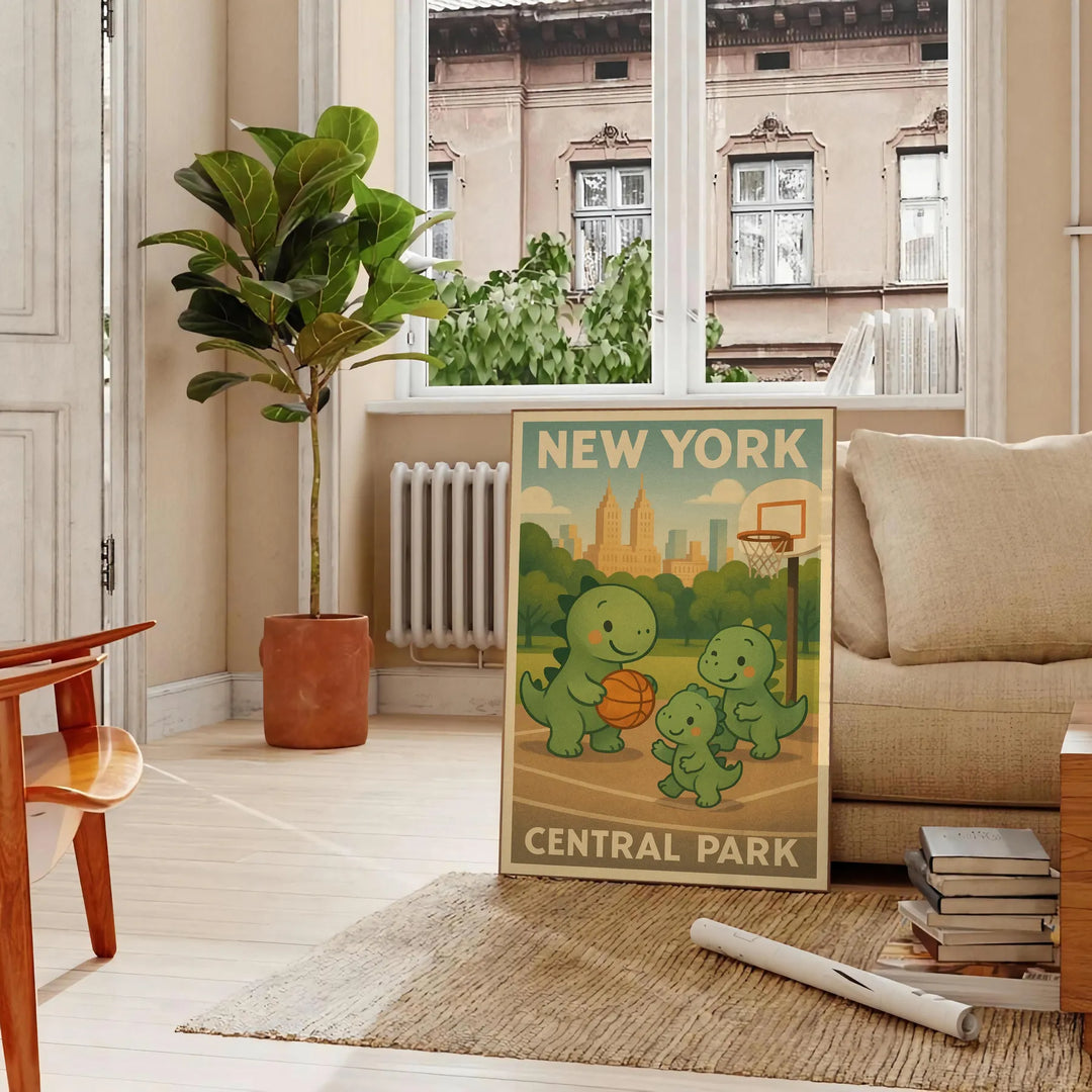splash fun space  basketball vintage poster playful dinosaurs New York Central Park kids rooms unique gift art deco print measures Buy today games unframed options available