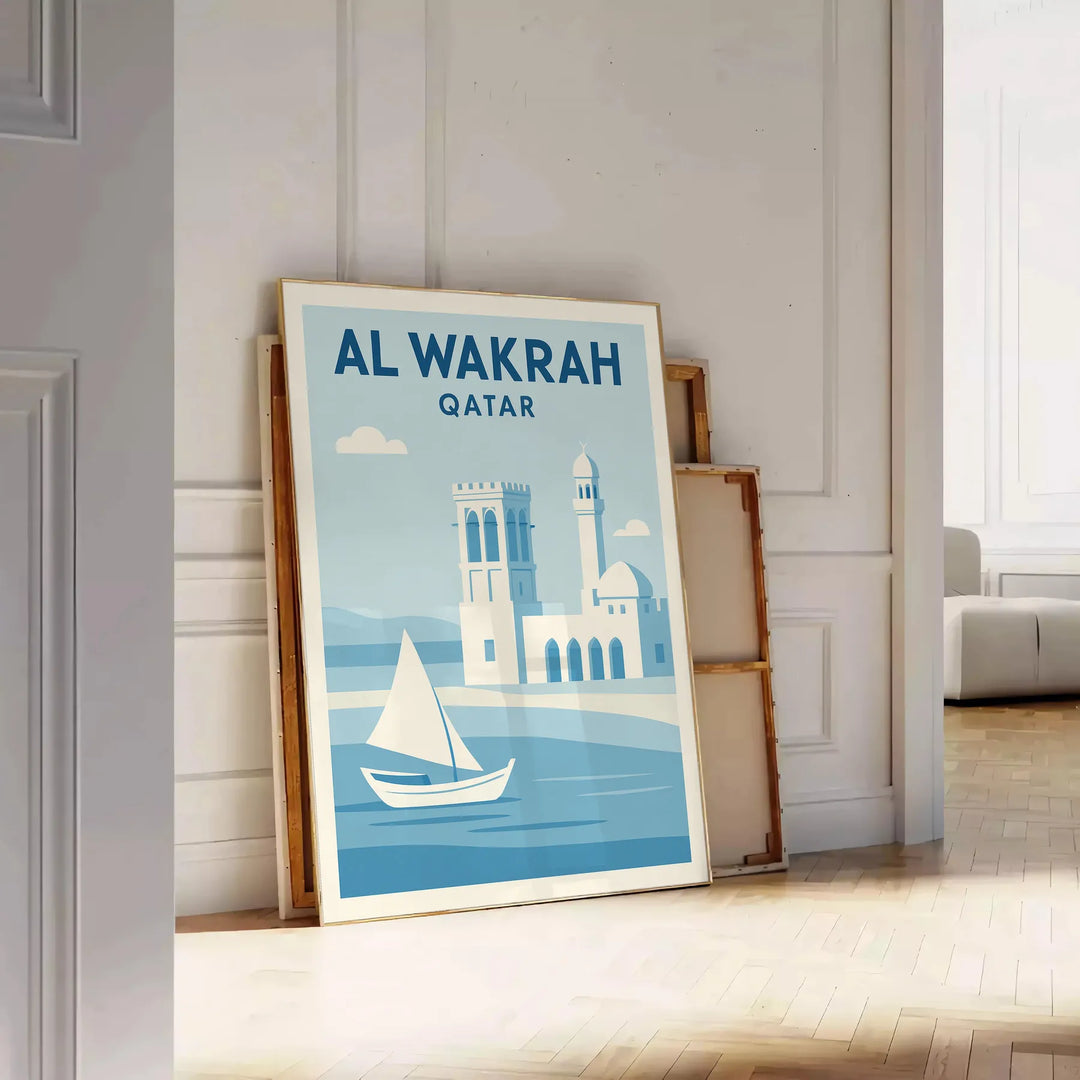 Poster Al Wakrah Qatar stile minimalista con skyline in grigio e blu