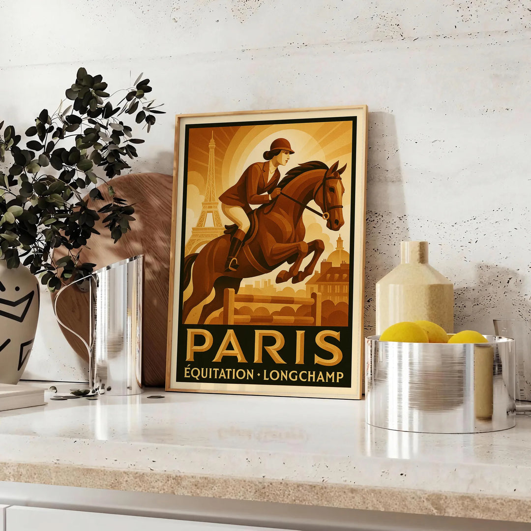 Elegant poster av Parisisk ridkonst i svart och brunt, tillgänglig i storlekarna 50x70cm och 30x40cm. Perfekt för att förhöja