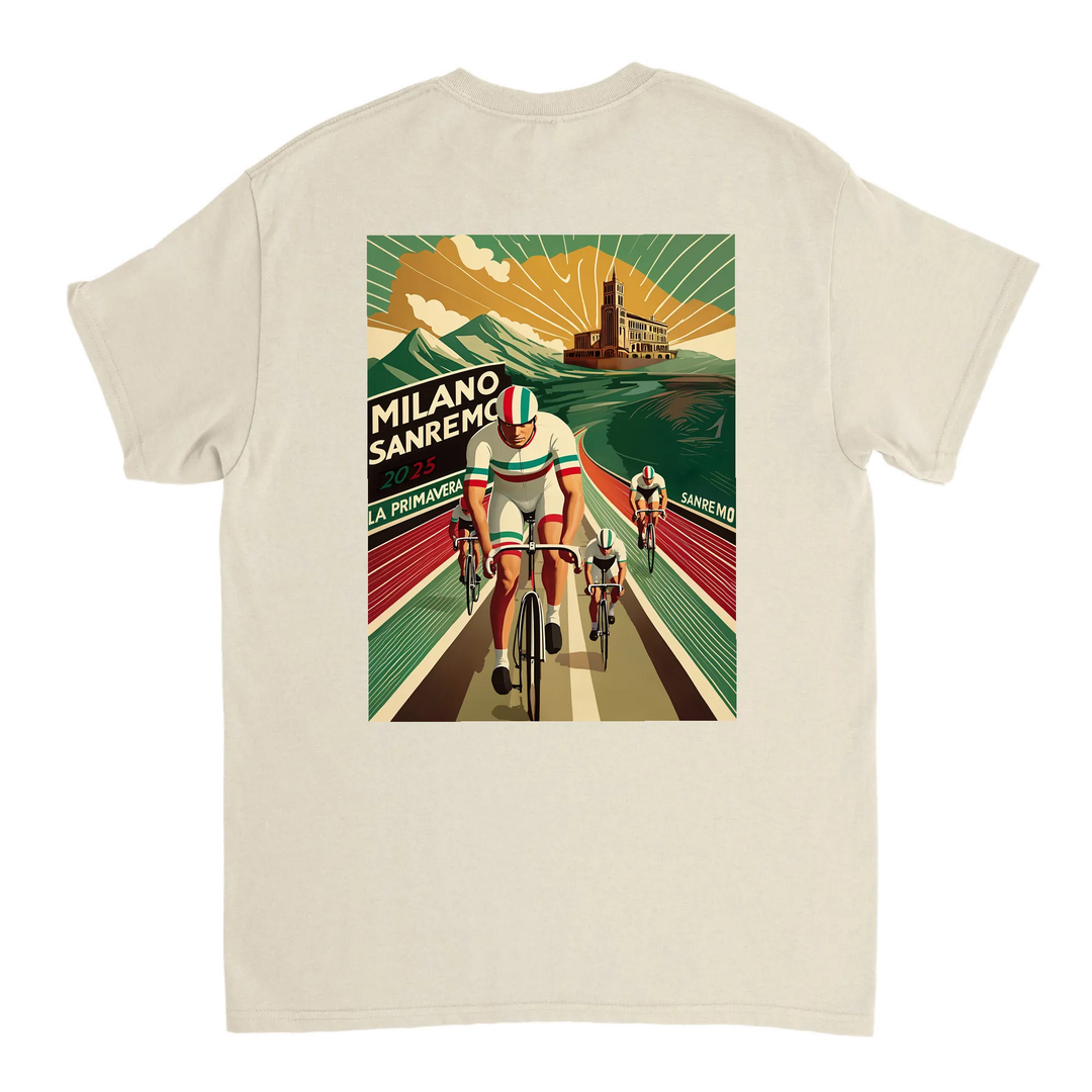 Koszulka Milano Sanremo z unikalnym wzorem, idealna dla miłośników kolarstwa. Dostępna w rozmiarach S, M, L, XL