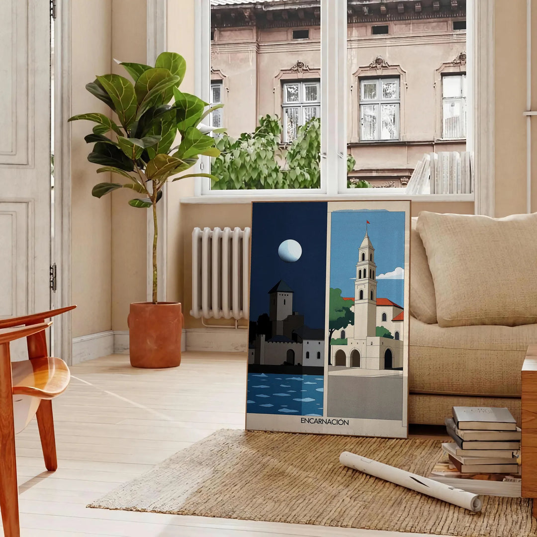 stunning Encarnación Paraguay Art Déco vintage poster vibrant orange green hues space eye design classic elegance decor available A4 cm A0