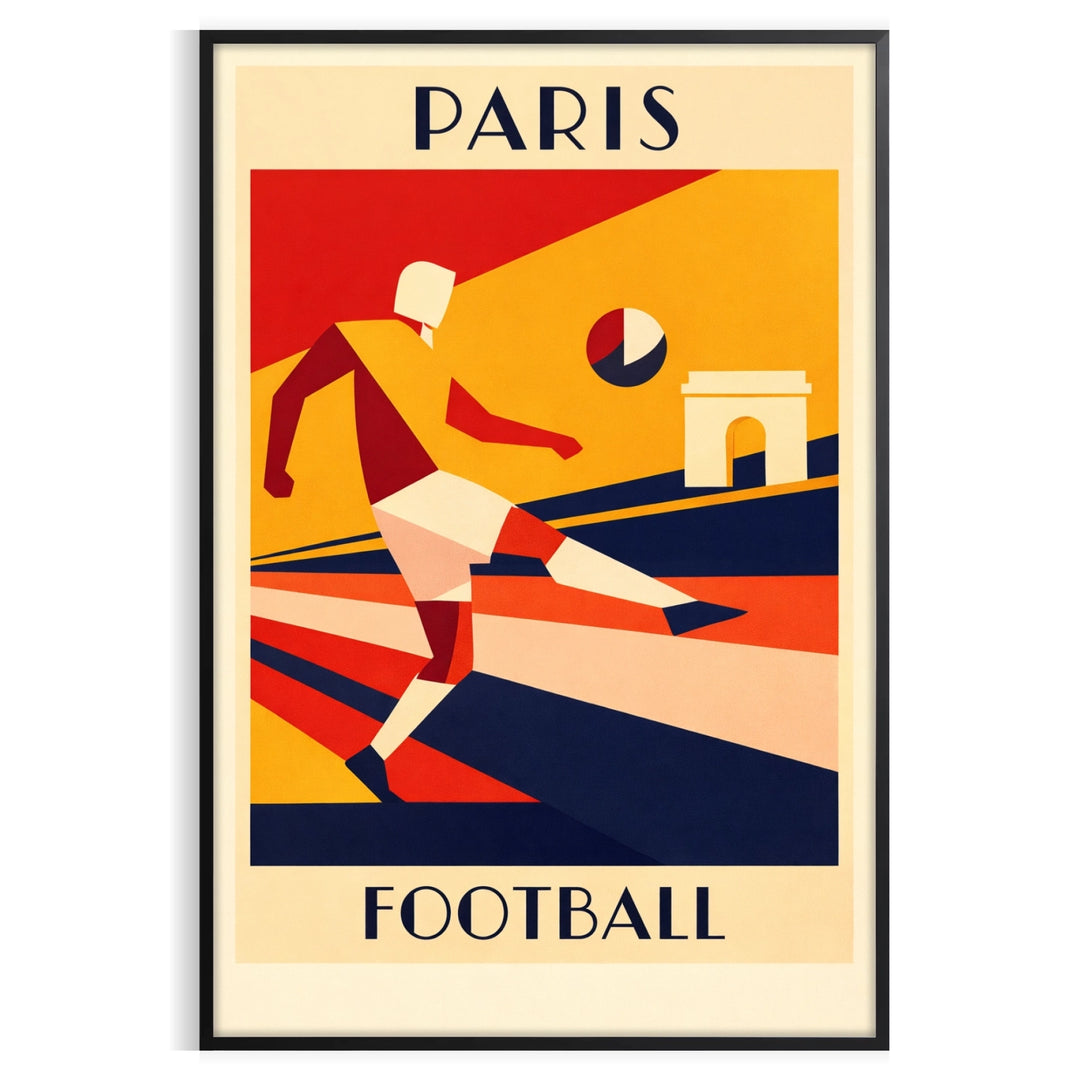 space stunning Paris France football poster bold black vibrant orange hues dimensions perfect addition fan lover today passion unframed options