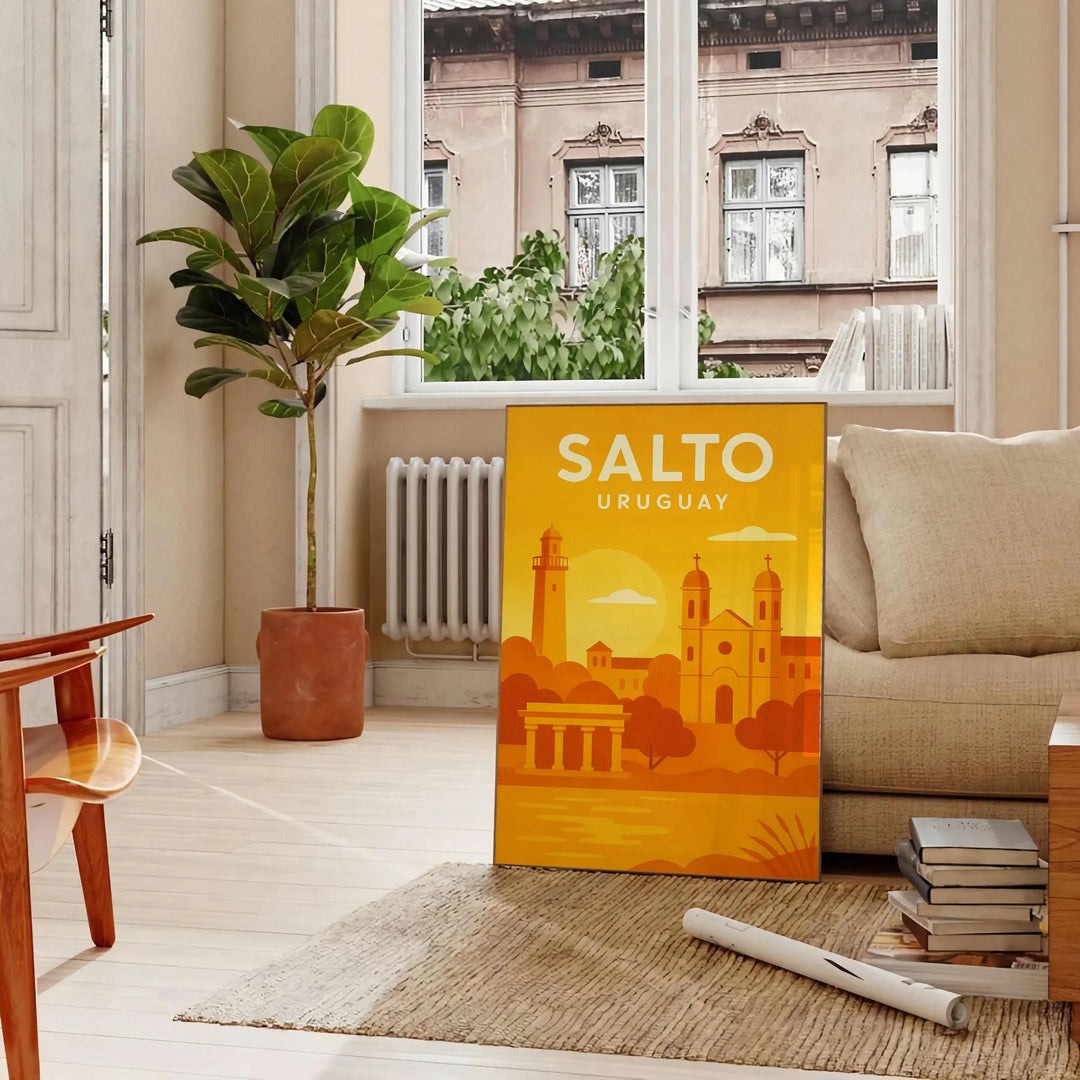 Salto Uruguay Art Déco poster in orange and yellow vintage style