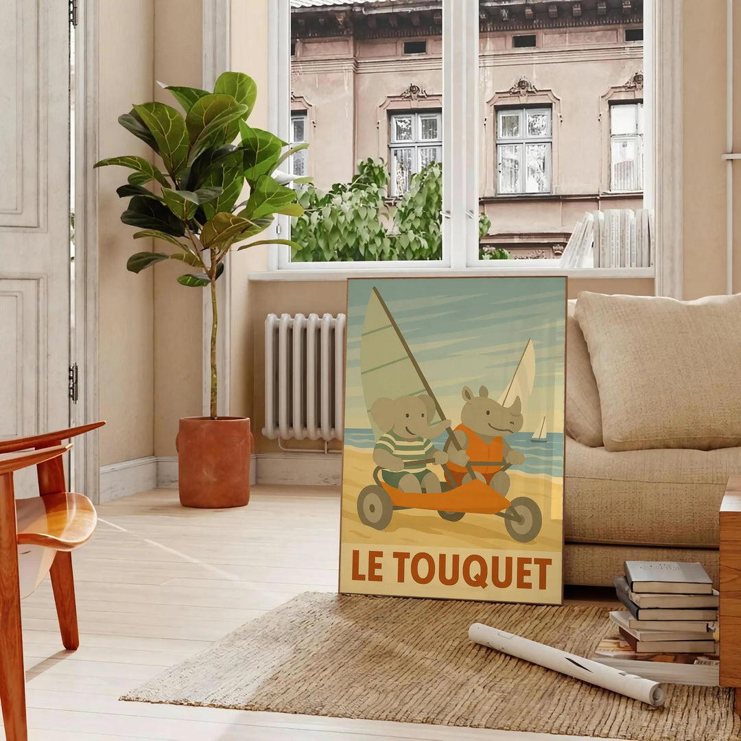 whimsical charm kid elephant rhinoceros poster sandy fun Le Touquet sand yachting gray green tones eye design perfect child room joy walls