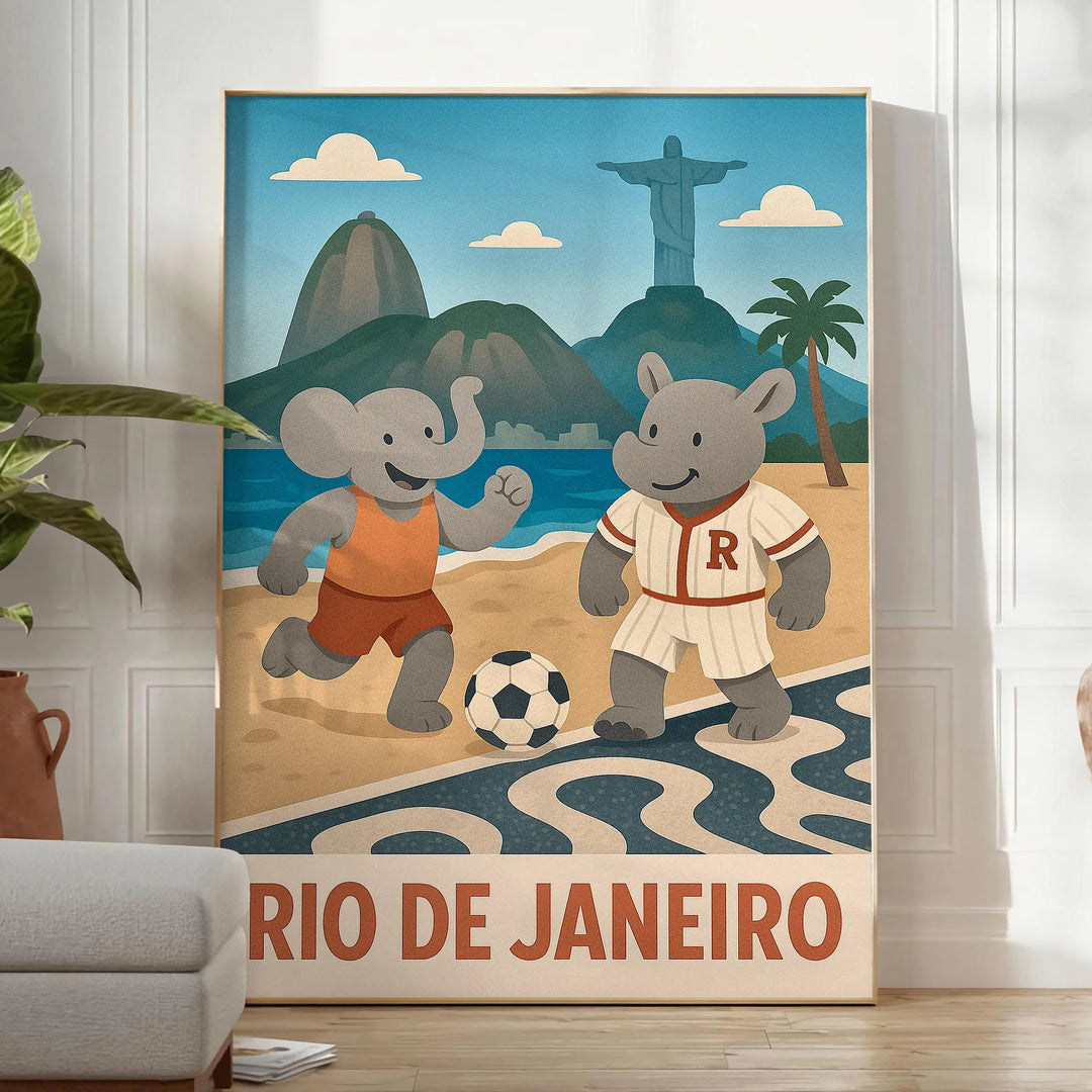 space vibrant poster playful kid elephant rhinoceros football lively spirit Rio de Janeiro orange blue hues perfect room dimensions cm size A4 A0
