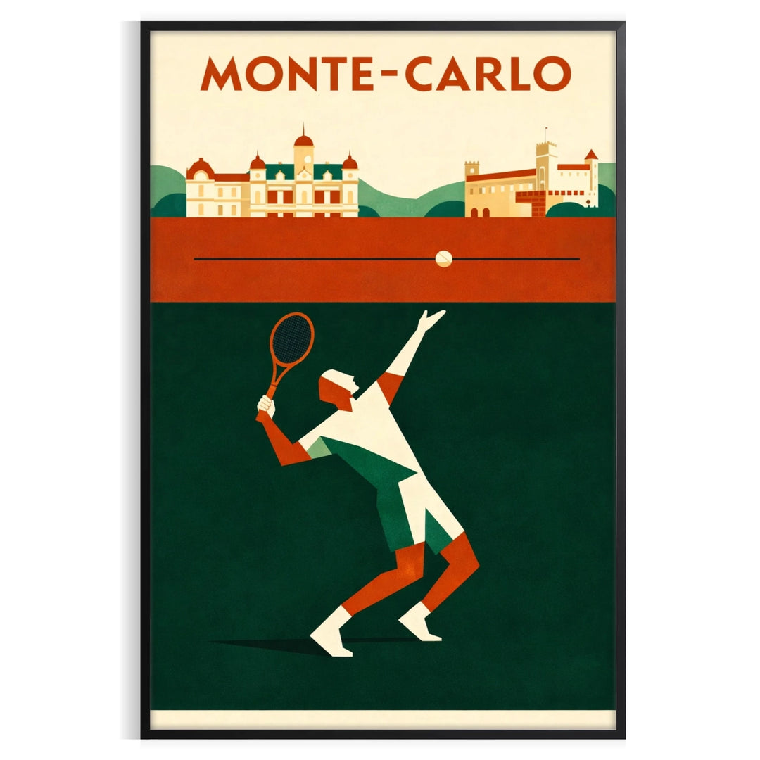 Póster de ténis Monte-Carlo Monaco, design cativante em preto e laranja, disponível em 50x70 ou 30x40 cm, ideal para amantes