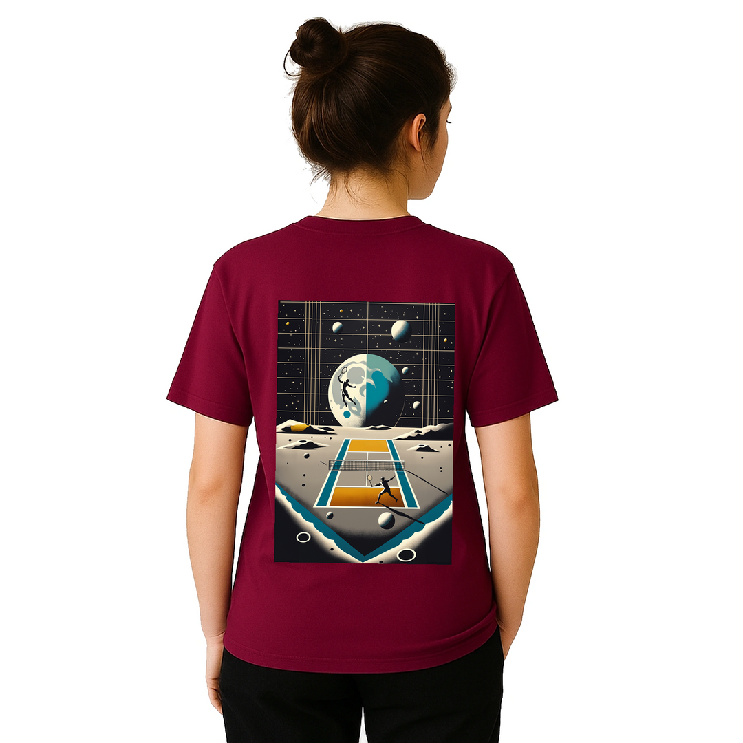 T-shirt Tennis Moon, design unico per appassionati di tennis e amanti delle stelle, realizzato in 100% cotone per il massimo