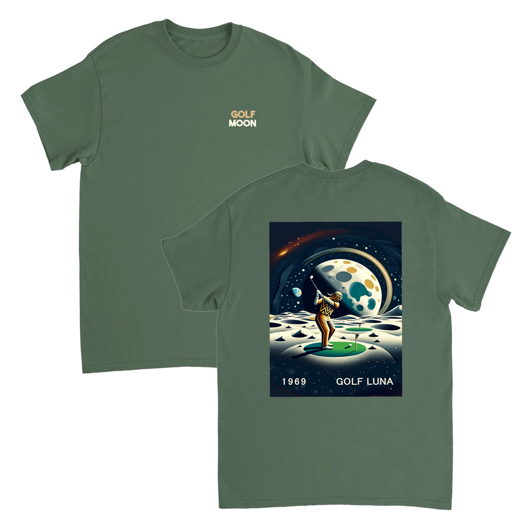 Koszulka Golf Moon z unikalnym wzorem, idealna na pole golfowe i codzienne wyjścia. Wygodna i trwała, dostępna w rozmiarach S