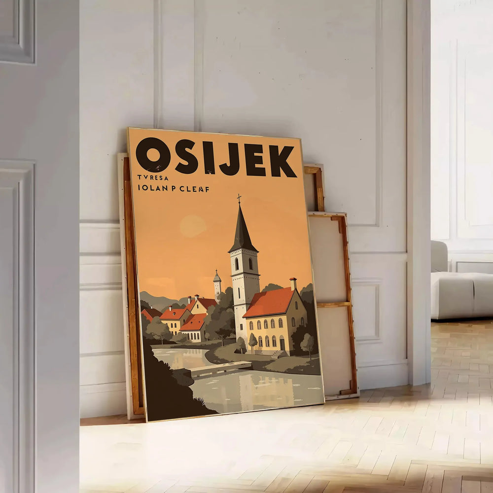 charm Osijek Croatia stunning Art Déco vintage poster earthy brown vibrant orange tones touch elegance space lovers collectors available A4 cm A0