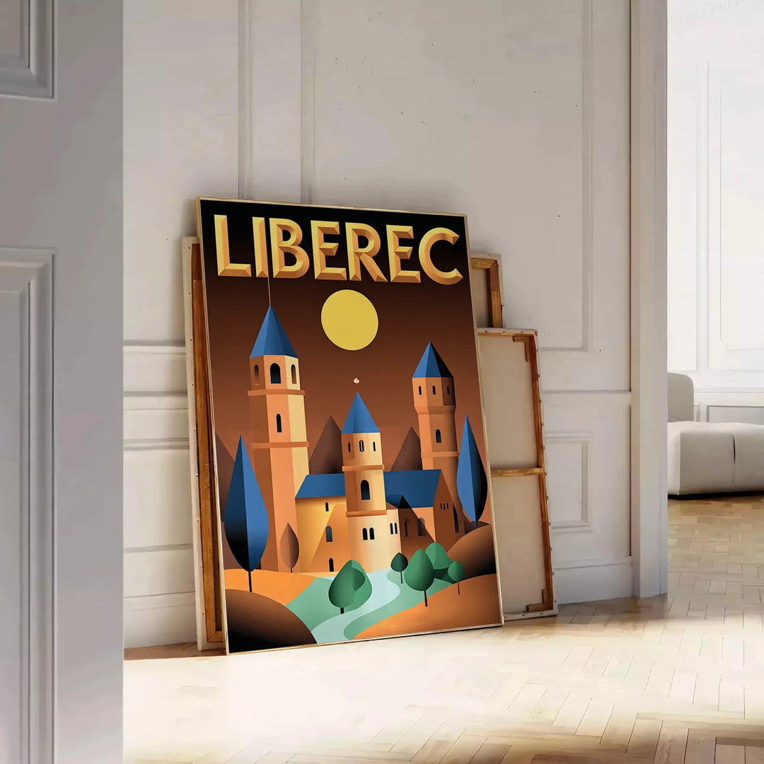 Poster vintage Art Déco Liberec con veduta urbana stilizzata giallo e verde