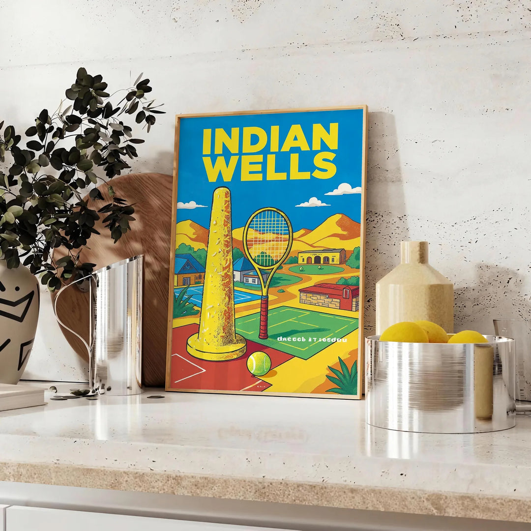 Póster de Indian Wells Tennis con un diseño vibrante en verde y gris. Disponible en tamaños de 50x70 o 30x40, ideal para aman