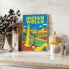 Póster de Indian Wells Tennis con un diseño vibrante en verde y gris. Disponible en tamaños de 50x70 o 30x40, ideal para aman