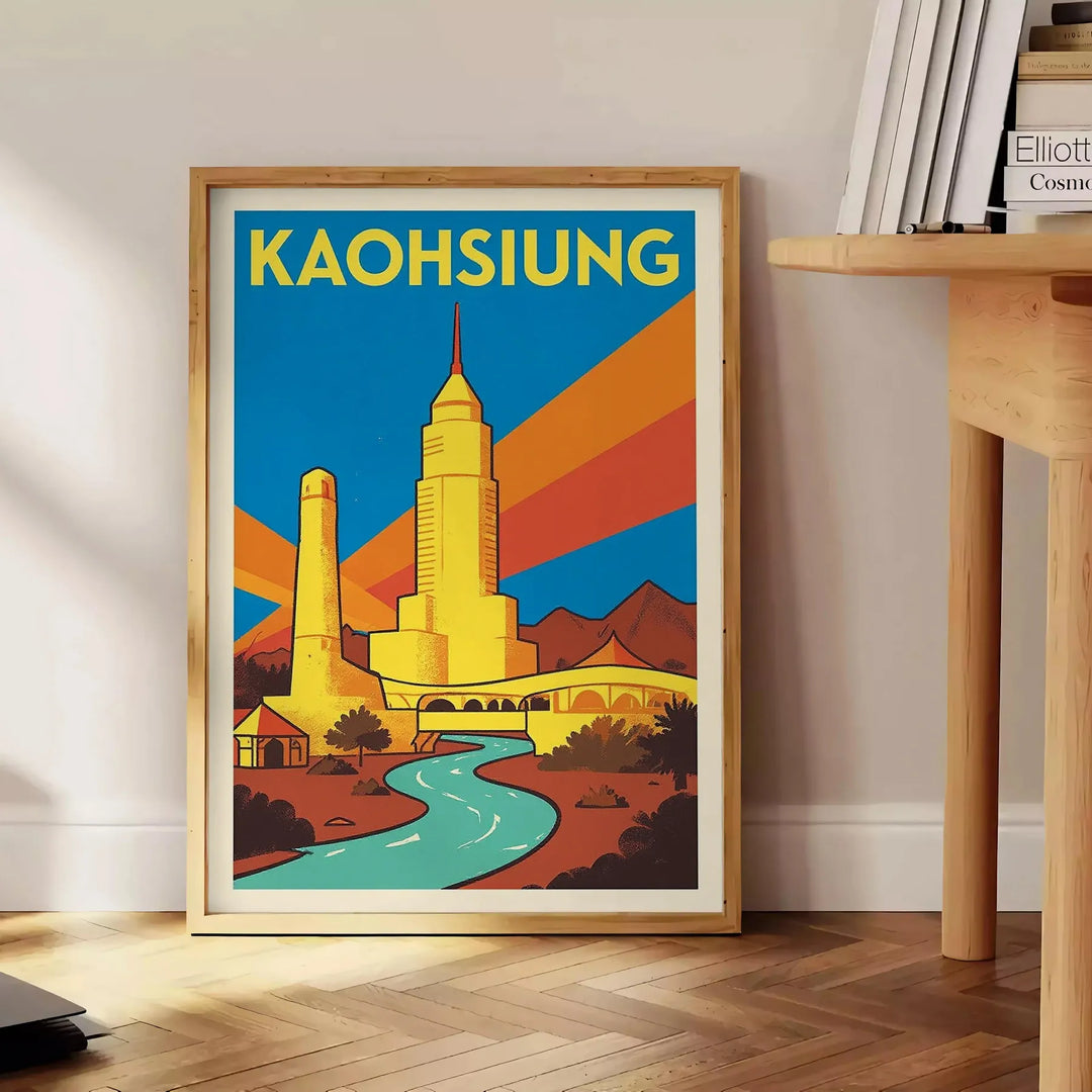 Póster vintage Art Deco de Kaohsiung, Taiwán, en azul y blanco, ideal para decorar cualquier espacio con nostalgia y eleganci