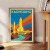 Póster vintage Art Deco de Kaohsiung, Taiwán, en azul y blanco, ideal para decorar cualquier espacio con nostalgia y eleganci