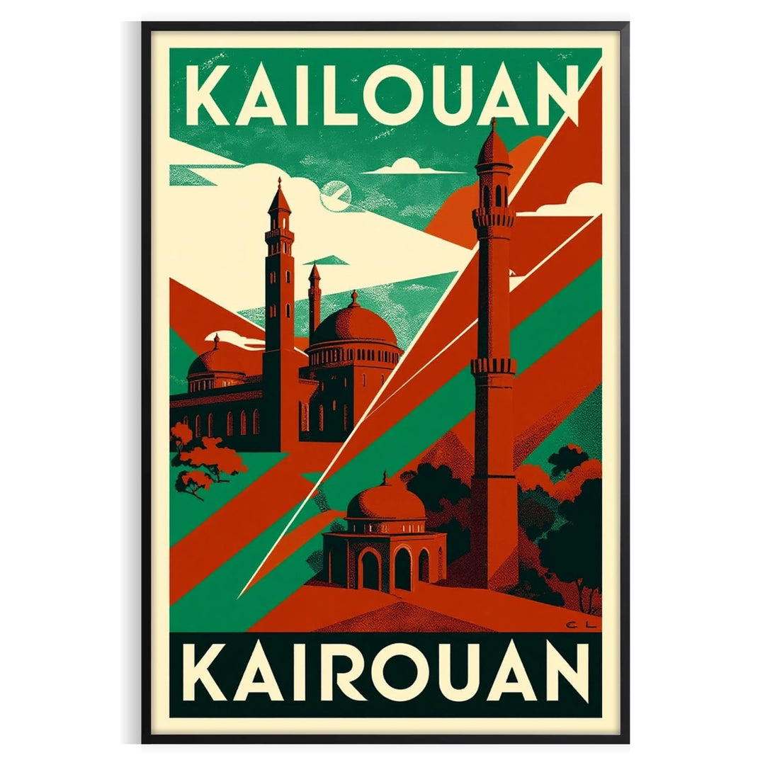 enchanting beauty Kairouan Tunisia vintage travel art deco poster vibrant red green hues stunning piece essence timeless destination flair space today available A4 cm A0