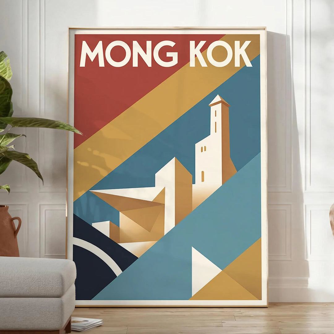 Poster vintage di viaggio Mong Kok, Hong Kong, in stile Art Deco, con colori vivaci e una rappresentazione affascinante della