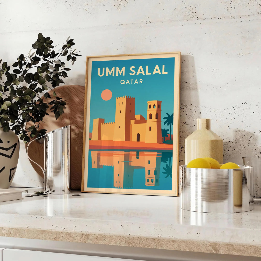 Poster of Umm Salal Qatar architecture in minimalist green and brown tones