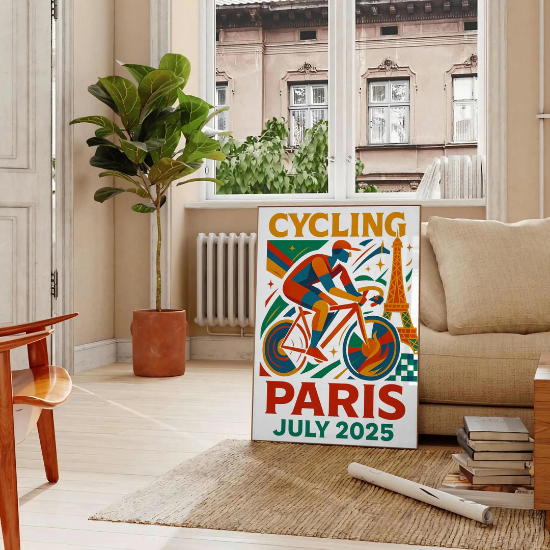 Stilīgs Parīzes Tour de France velosipēdu plakāts ar dzīvīgām sarkanām un zilām krāsām, izmēros 50x70 vai 30x40, ideāli piemē