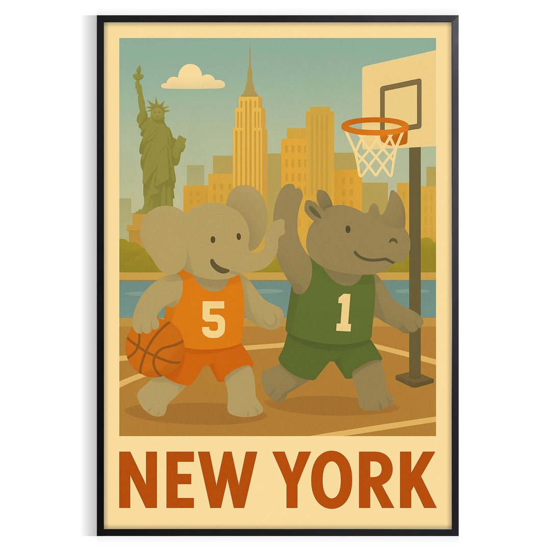 captivating Vintage Basketball Poster playful kid elephant rhinoceros New York scene stunning art deco masterpiece vibrant energy space gift chic wall decor
