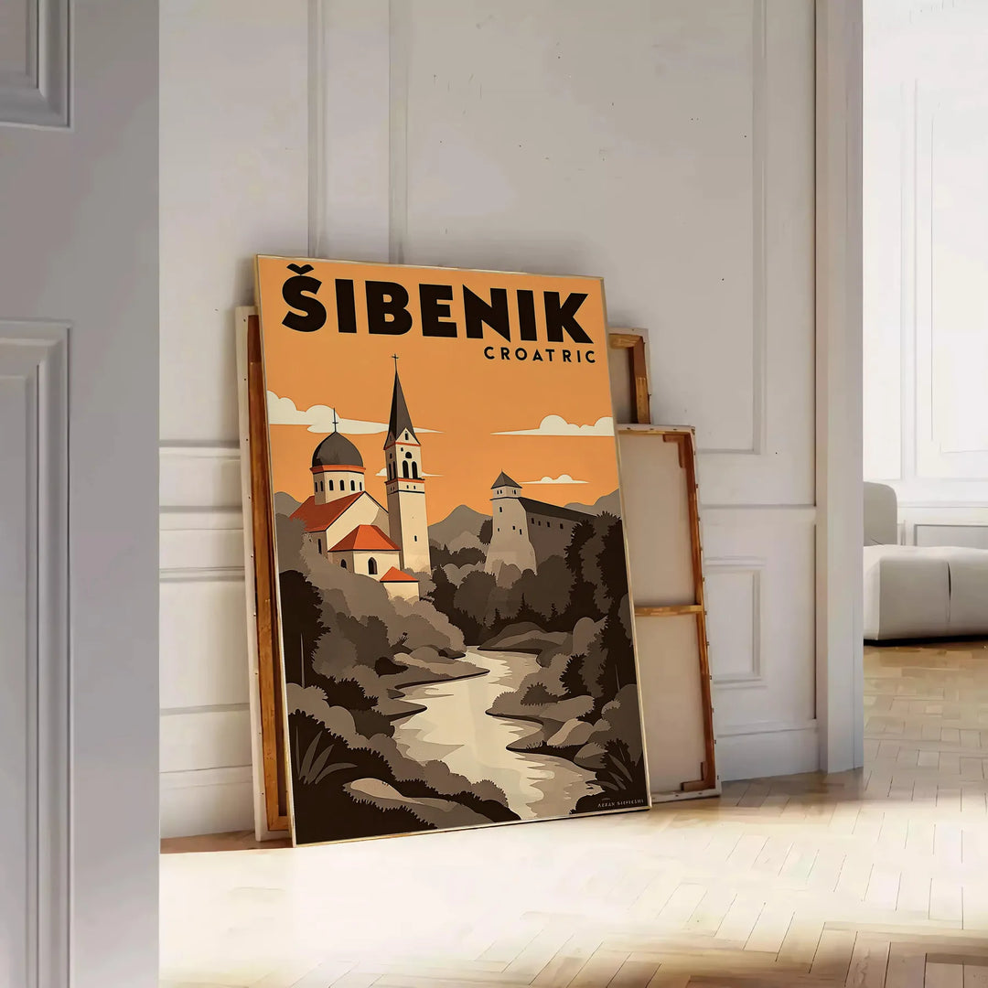 Šibenik, Croatia Art Déco poster showing brown and black cityscape