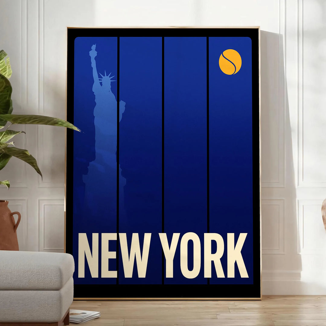 Pôster 'New York Tennis 8' em tons vibrantes de laranja e cinza, disponível nas dimensões 50x70 ou 30x40, ideal para decorar