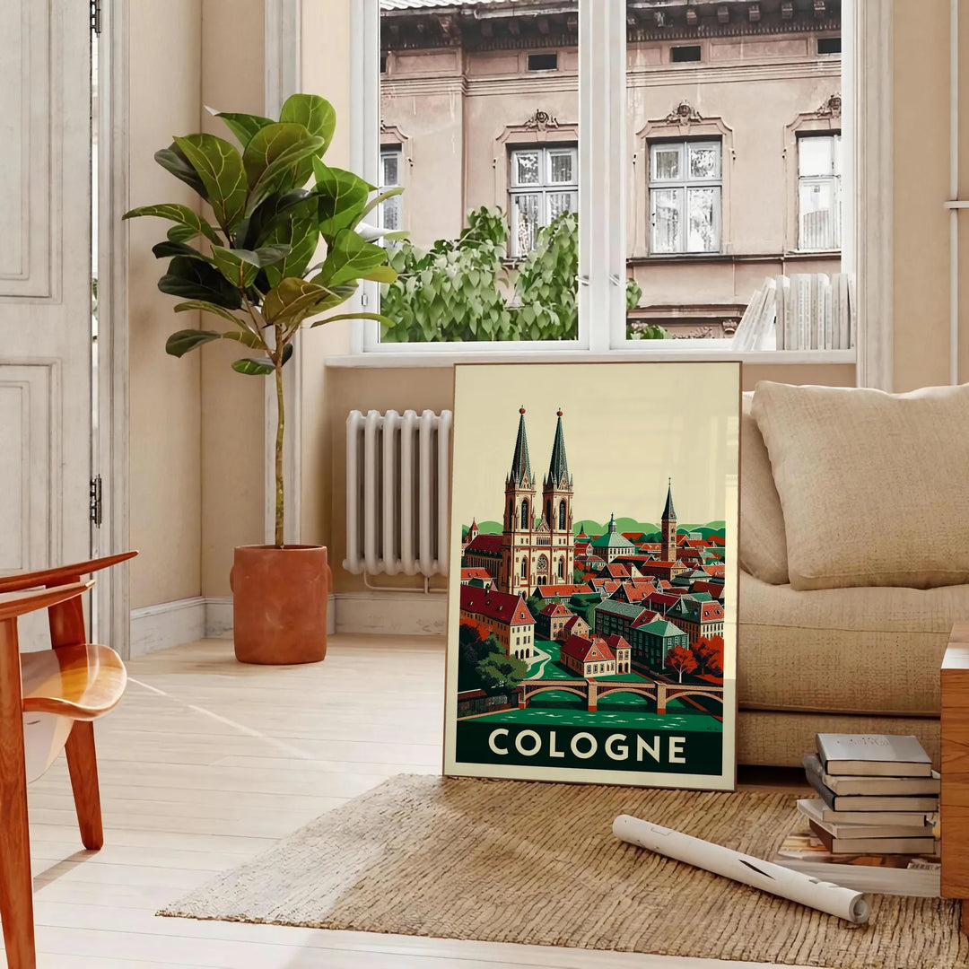 Plakat w stylu Art Déco inspirowany urokami Kolonii w eleganckiej czarno-szarej palecie, dostępny w różnych rozmiarach