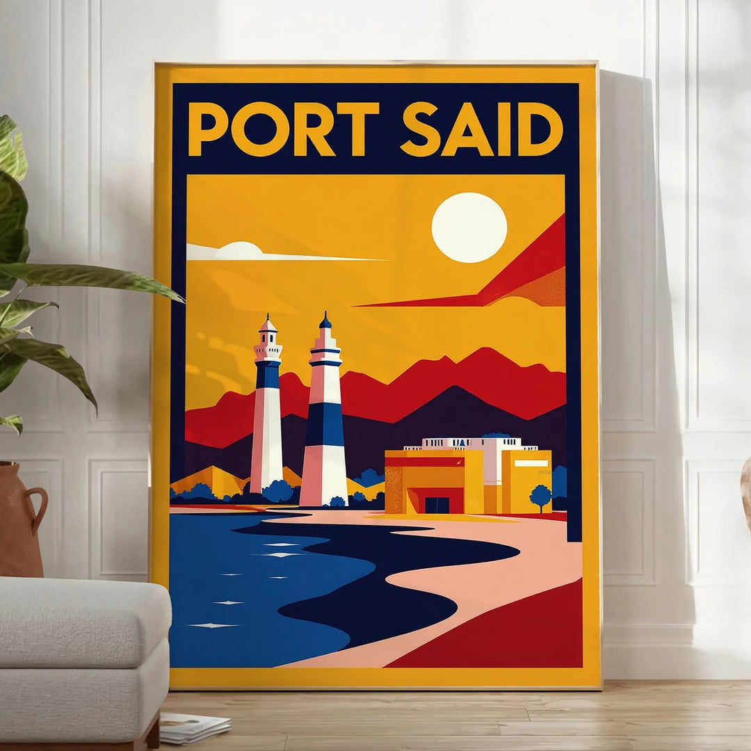 Manifesto Art Déco Port Said Egitto in toni arancione e blu