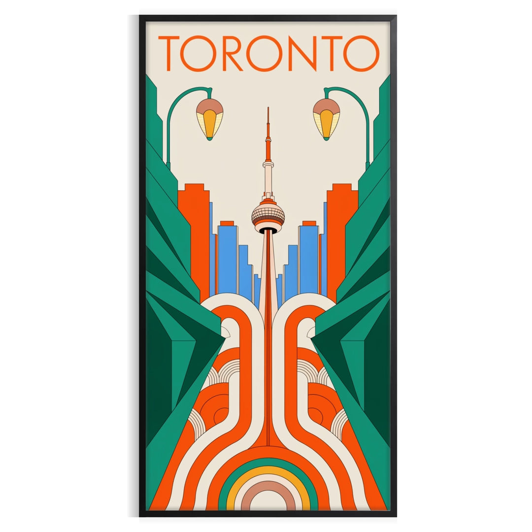 Orange and blue Toronto Art Déco poster showing city skyline