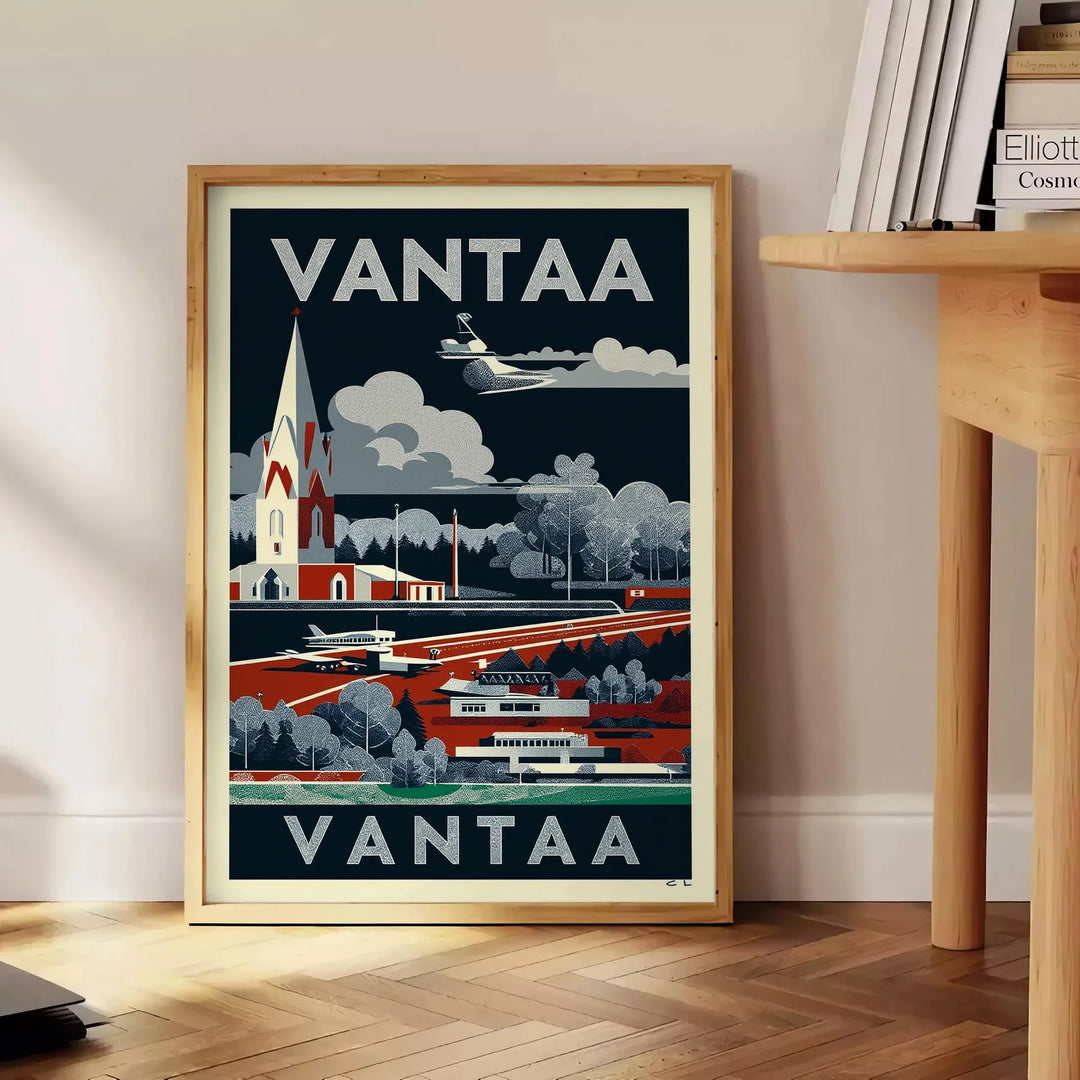 Manifesto vintage Art Déco Vantaa Finlandia in toni neri e grigi
