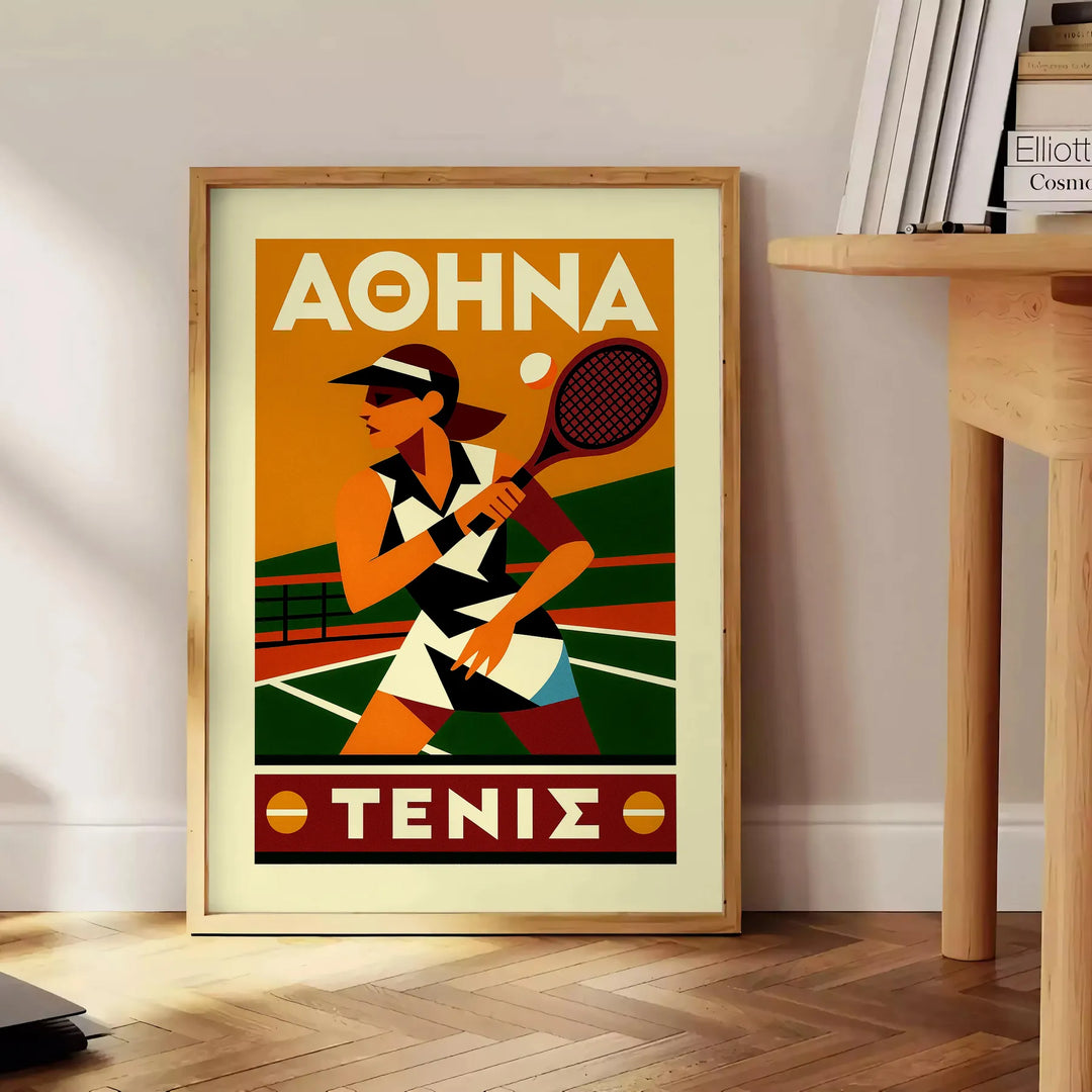 Athena Tennis poster med en djärv röd och svart design, perfekt för tennisentusiaster. Finns i storlekarna 50x70 eller 30x40