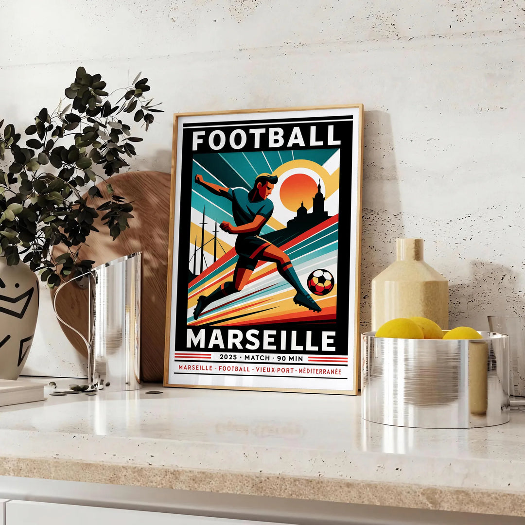 Plakat piłkarski Marseille w żywych kolorach czerwonym i niebieskim, idealny do dekoracji przestrzeni każdego fana. Dostępny