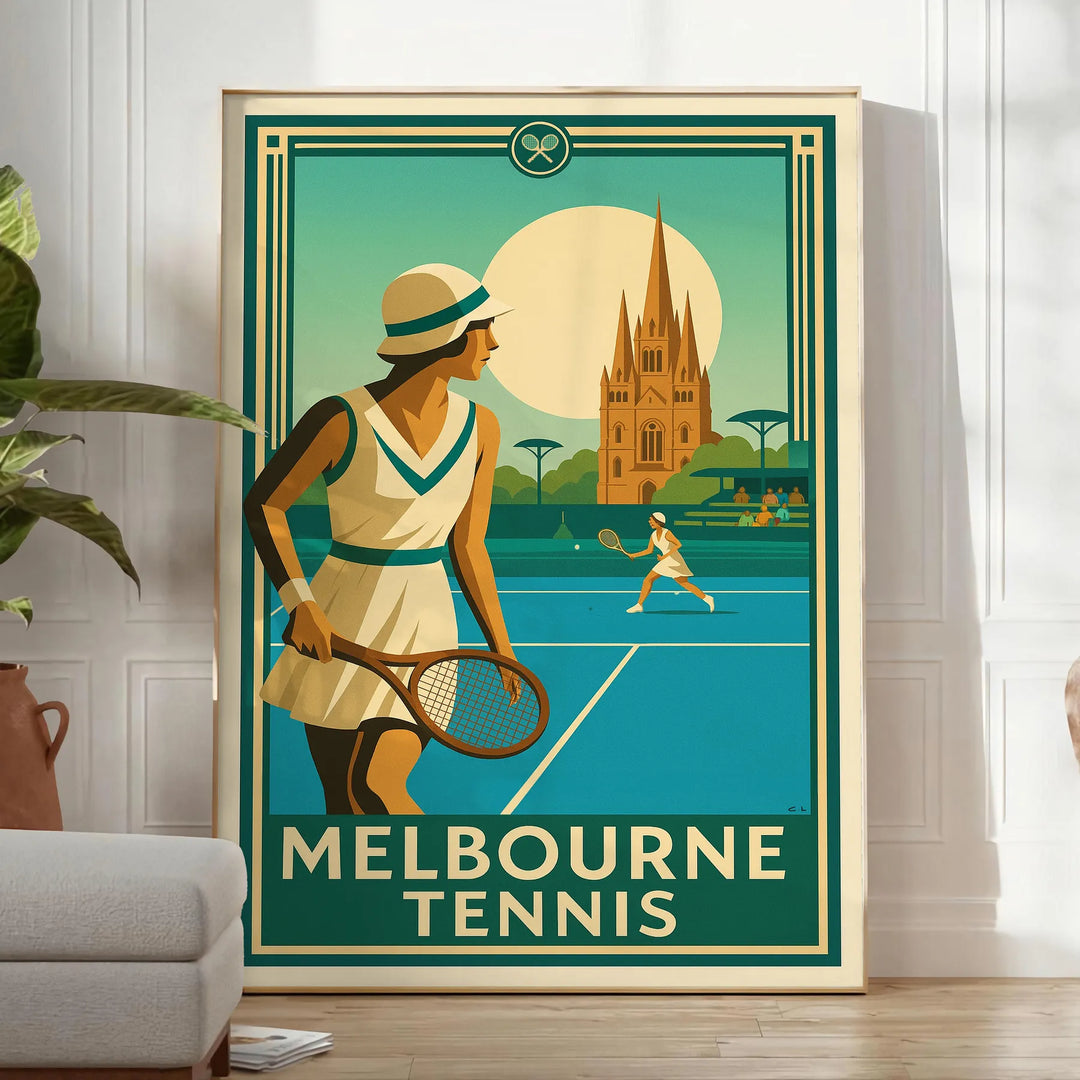 Póster de tenis de Melbourne en tonos marrones y verdes, disponible en tamaños de 50x70 cm y 30x40 cm. Perfecto para decorar