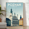 Stylized Poznań city poster with bold orange and green graphic skyline