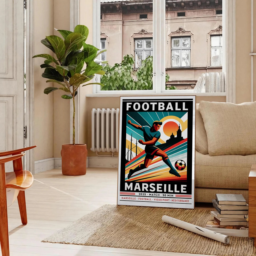 Plakat piłkarski Marseille w żywych kolorach czerwonym i niebieskim, idealny do dekoracji przestrzeni każdego fana. Dostępny